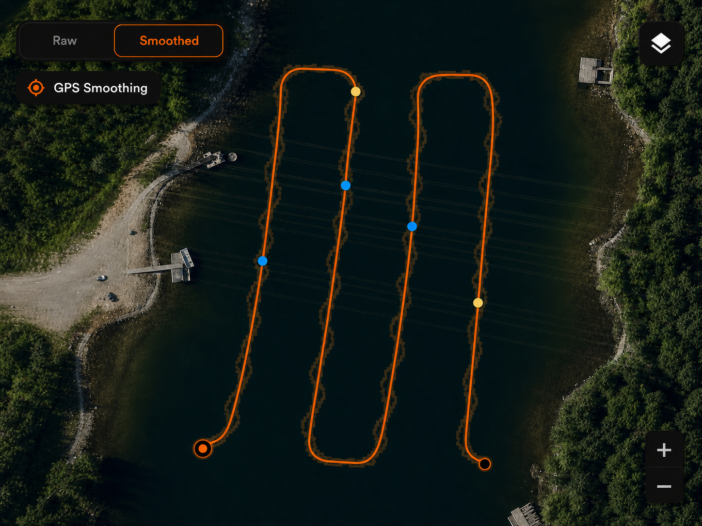 HumVision GPS track smoothing map showing raw jagged track corrected into a smooth survey route