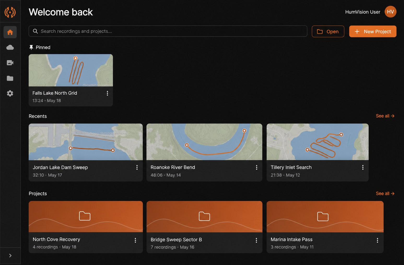 HumVision projects and recordings library with pinned, recent, and project cards